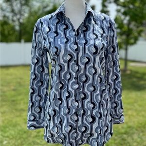 Nic+Zoe Blue/Black/White Geometric Pattern Long Sleeve Button Down Shirt Sz S